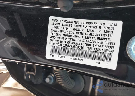 2019 Honda Civic Lx from USA, damaged, VIN 19XFC2F62KE003646
